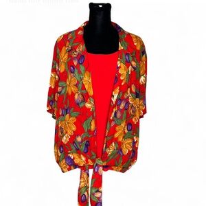 ALFRED DUNNER Multicolor Floral Tie-Front Blouse 16 Vintage 3/4 Sleeve Exellent